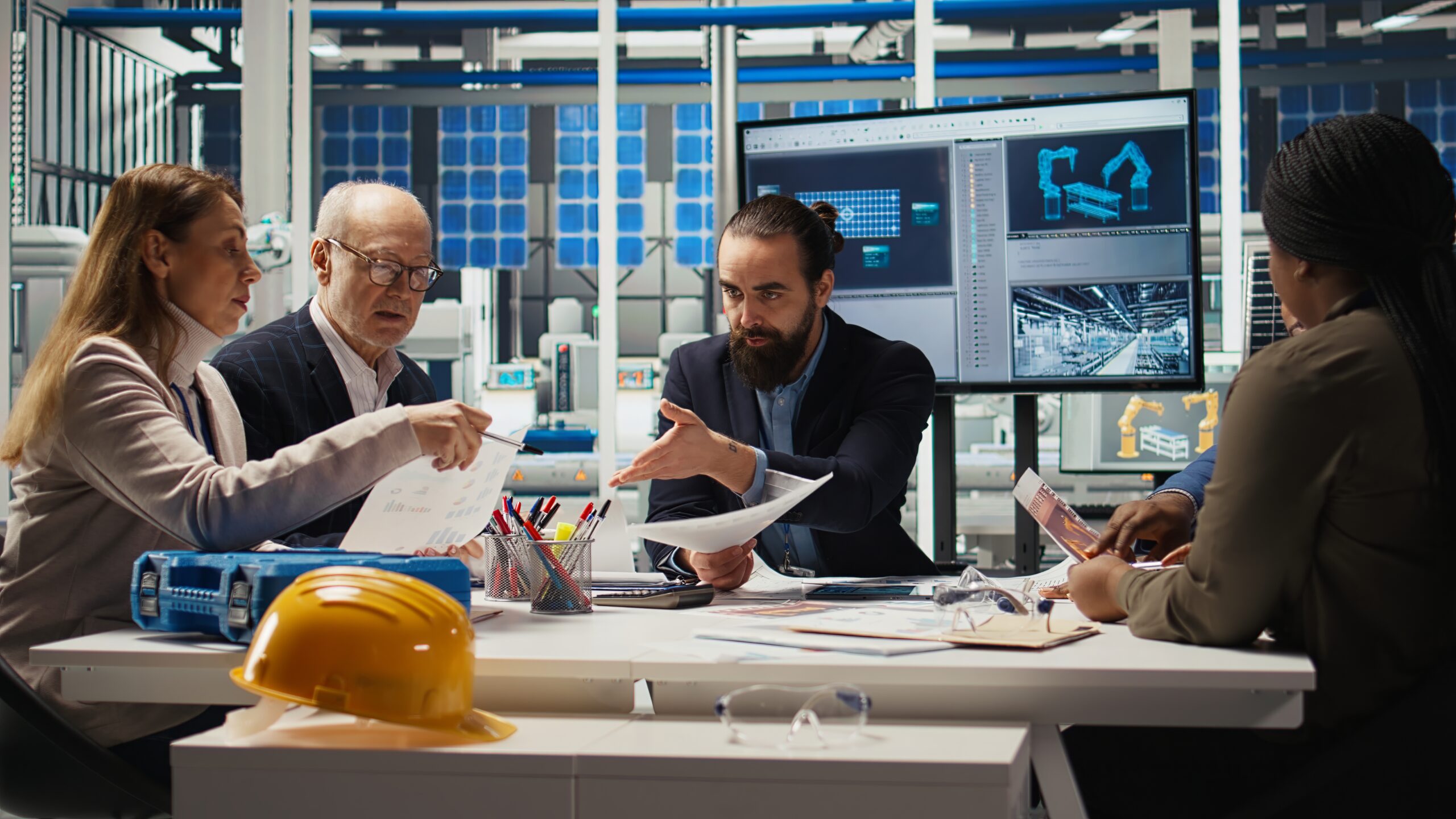 Engineers study detailed schematics of solar panel assembly lines, refining production layouts and component configurations for efficiency, outlining documentation for new prototypes, camera A